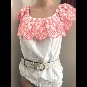 Peach scalloped embroidered off shoulder blouse